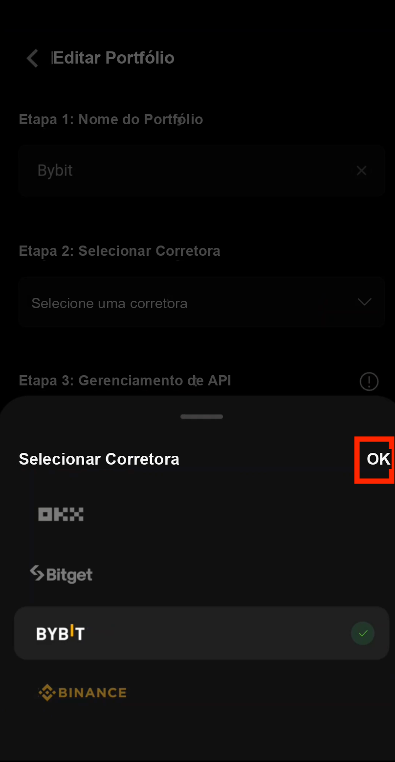 Confirmar a seleção da corretora Bybit