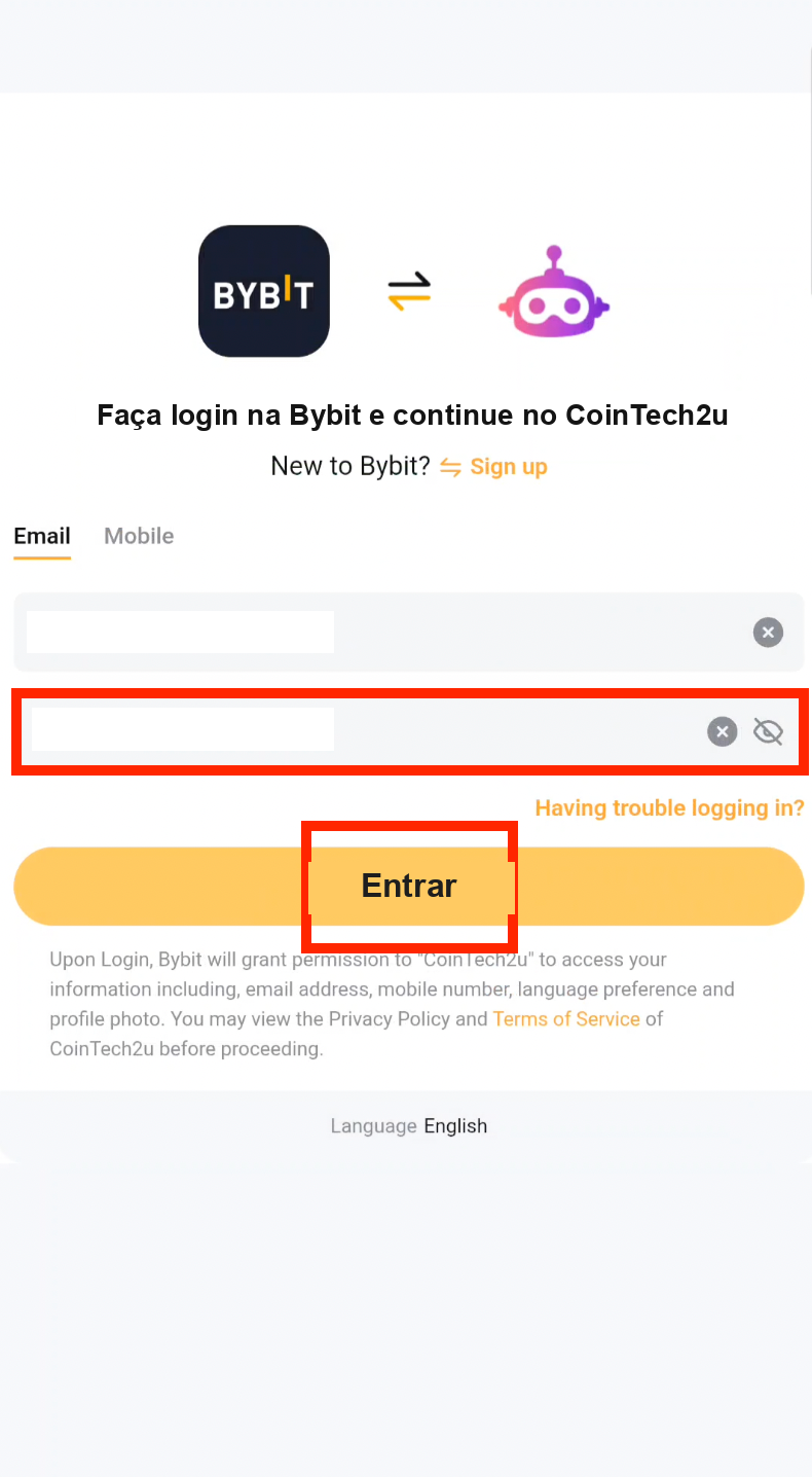 Inserir senha da Bybit para a vinculação de API