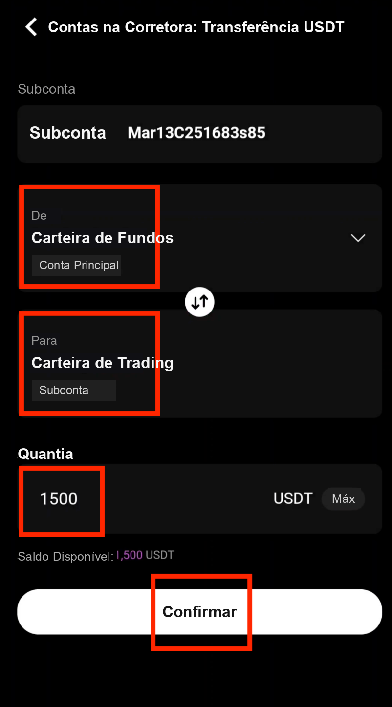 Informar a quantia de USDT a transferir