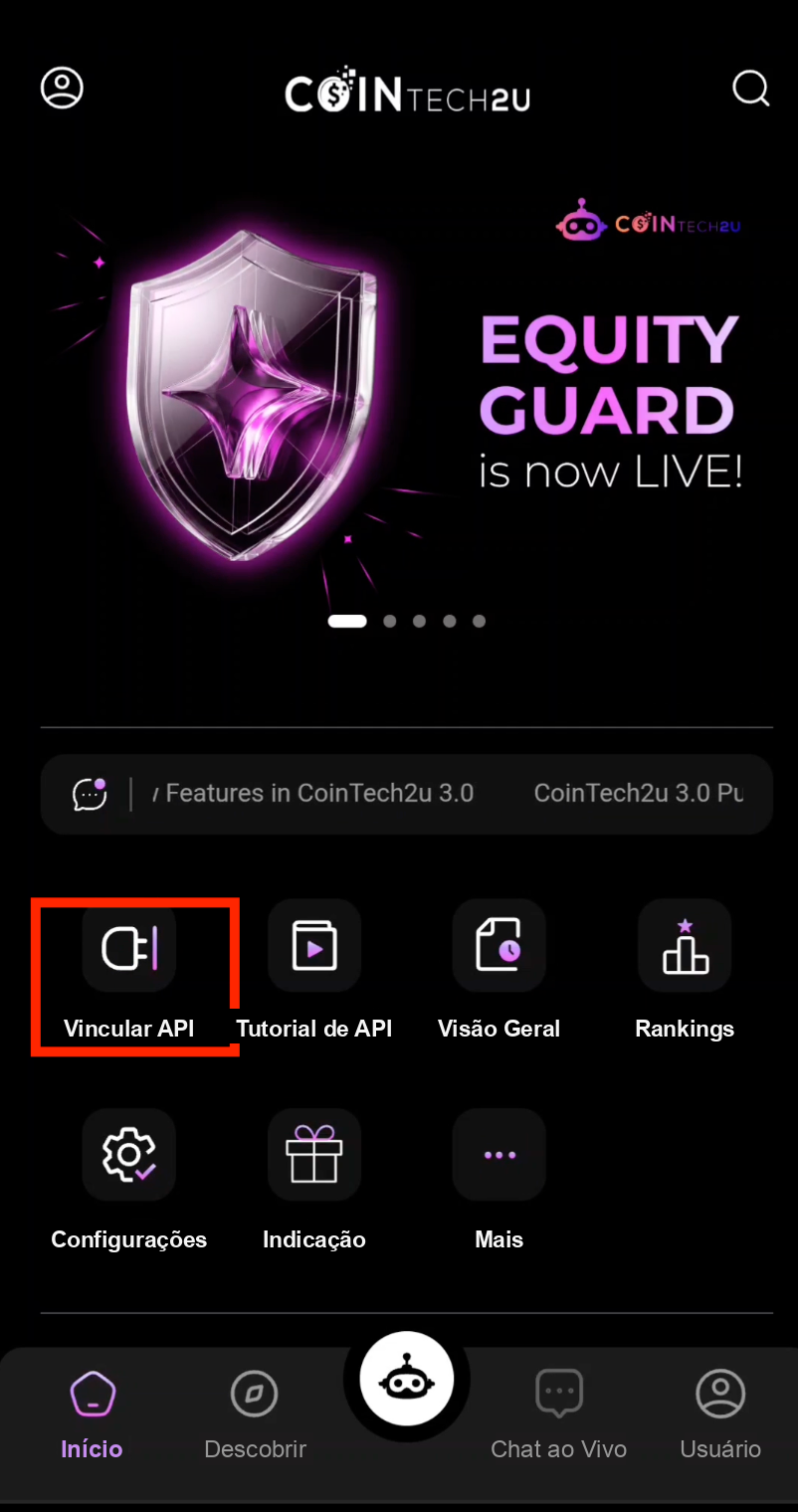 Página inicial Vincular API da CoinTech2u