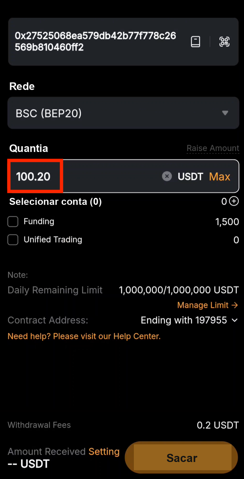 Inserir a quantia de saque de USDT