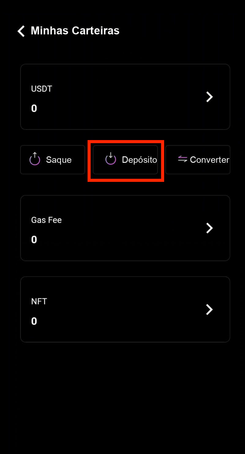 Botão Depositar na carteira CoinTech2u