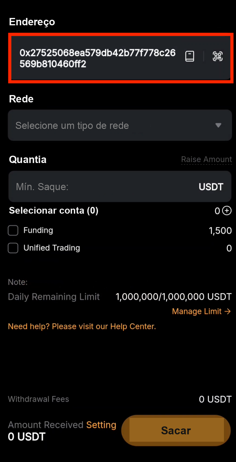 Colar o endereço de depósito na Bybit