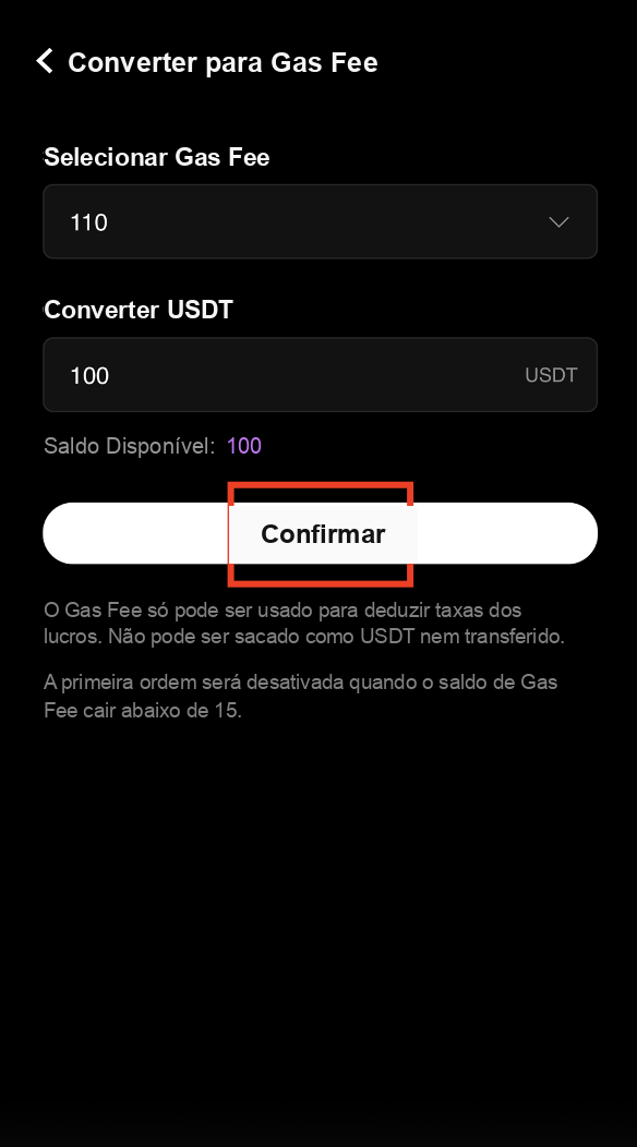 Confirmar a conversão em gas fee