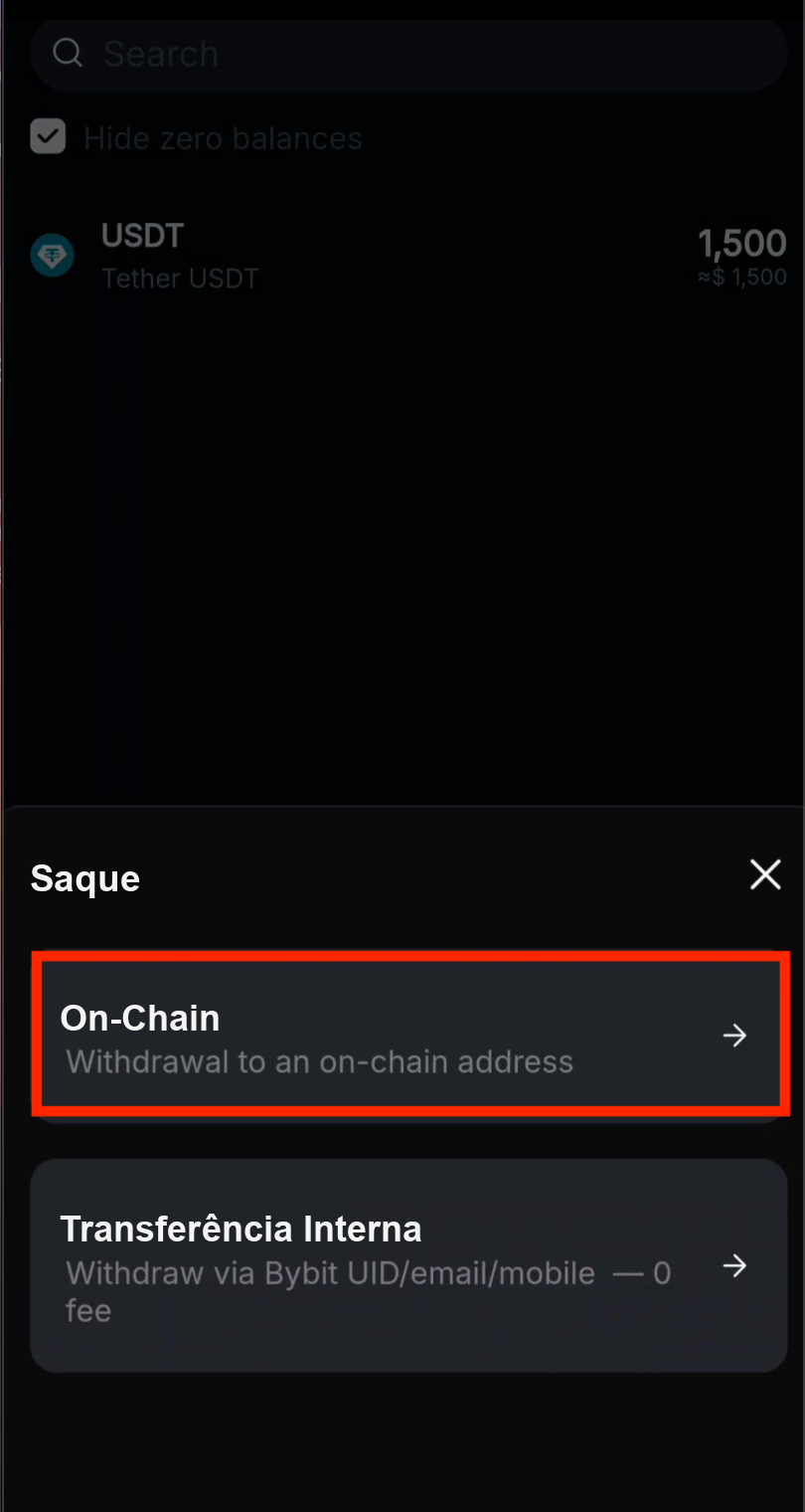Selecionar transferência on-chain na Bybit