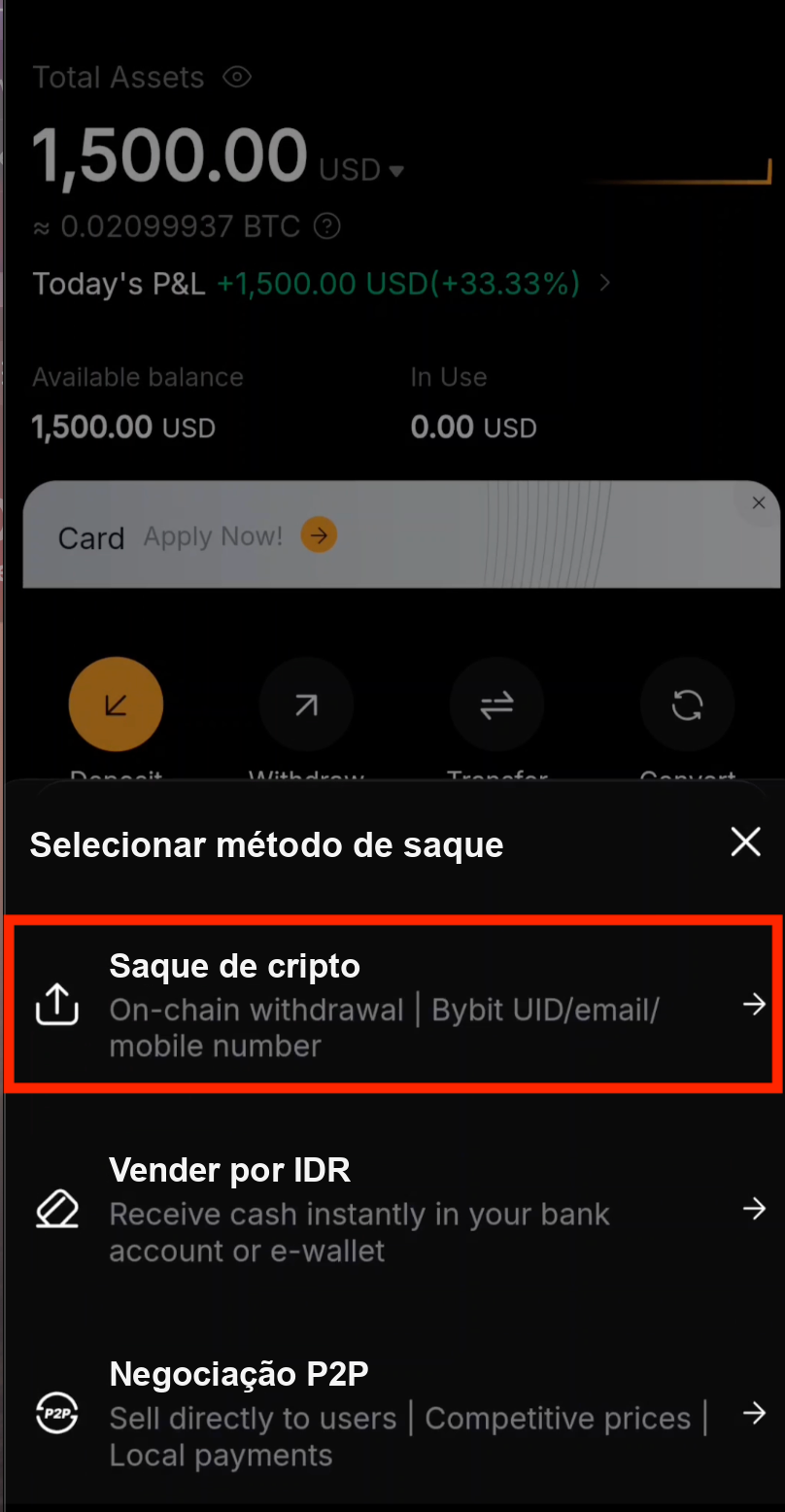 Selecionar saque de cripto na Bybit