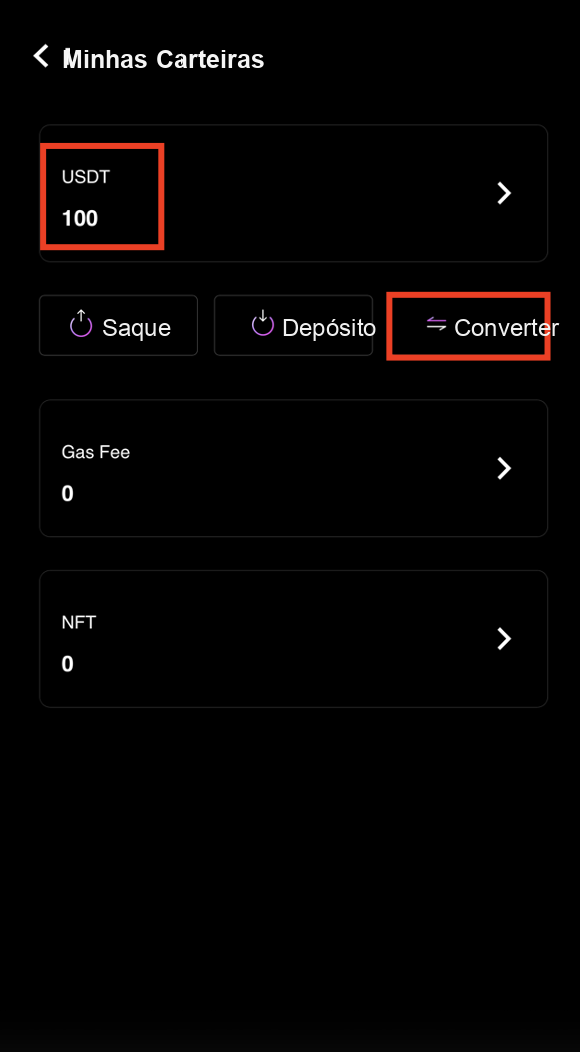 Botão Converter na carteira CoinTech2u