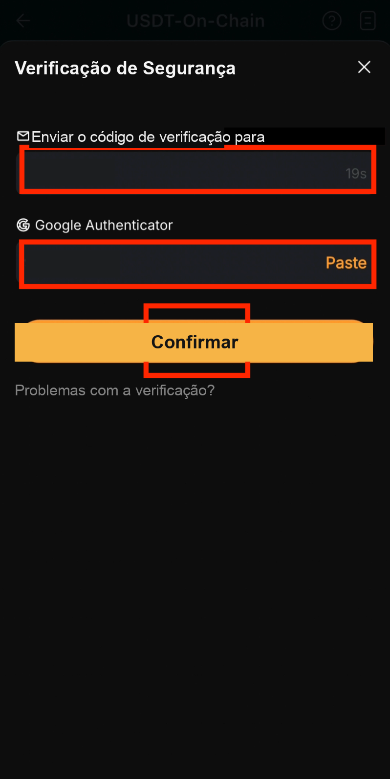 Inserir os códigos de segurança para o saque da Bybit