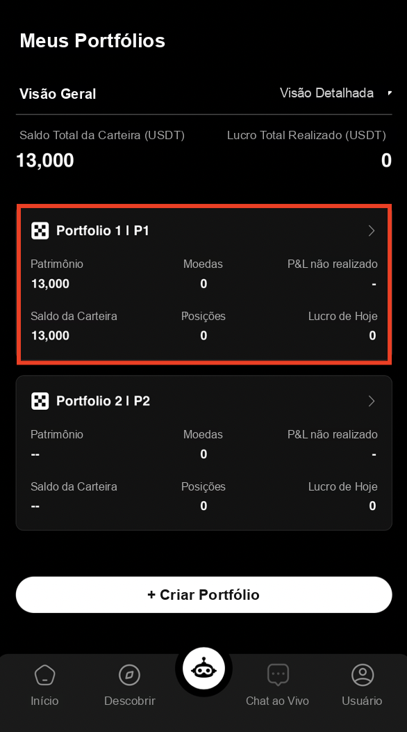 Selecionar o portfólio de operações