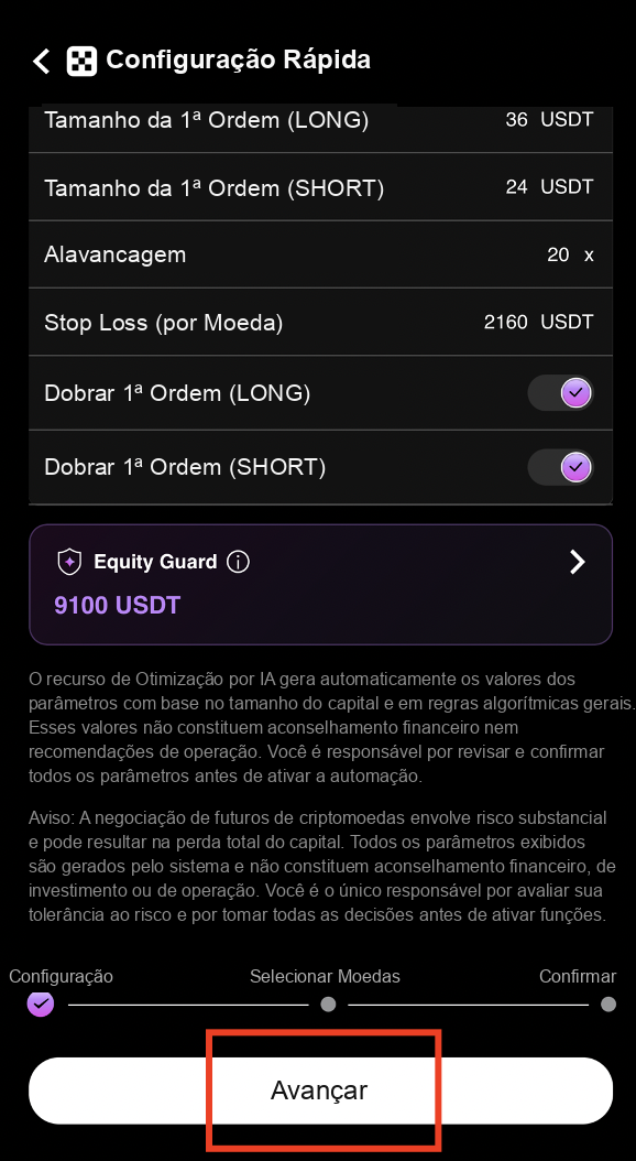Confirmar as configurações do Equity Guard