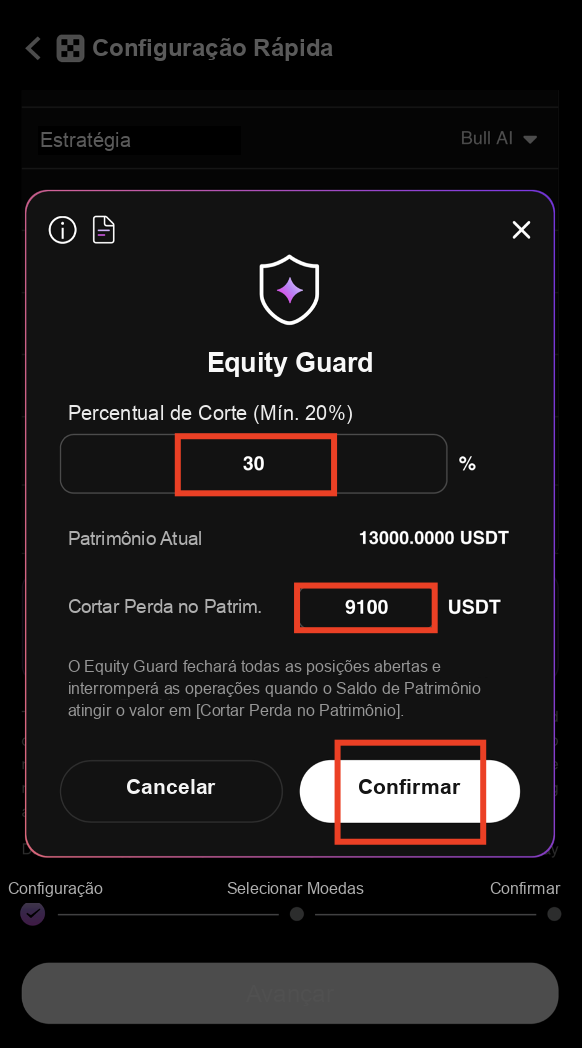 Definir os limites de perda do Equity Guard
