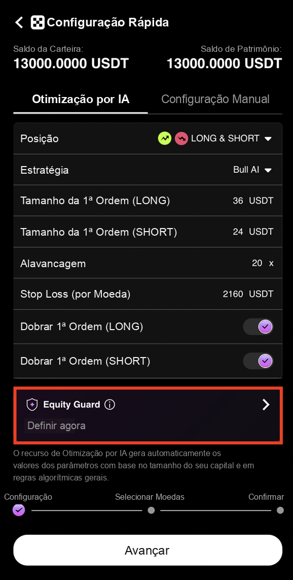 Configuração por IA com a opção Equity Guard