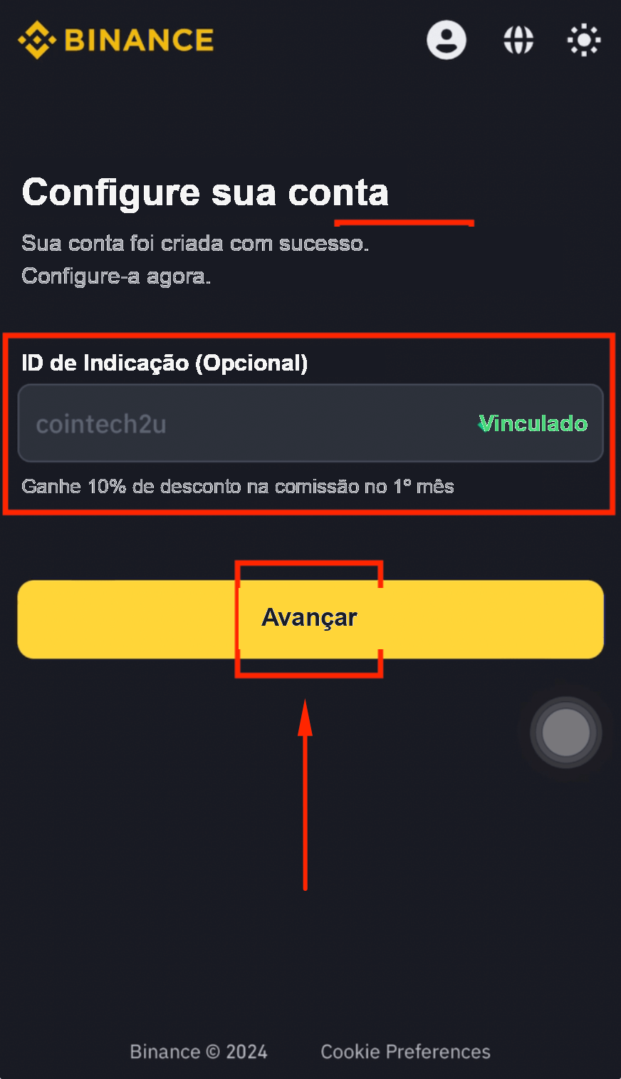 Captura de tela do registro na Binance, Passo 5: definir a senha da sua conta na Binance