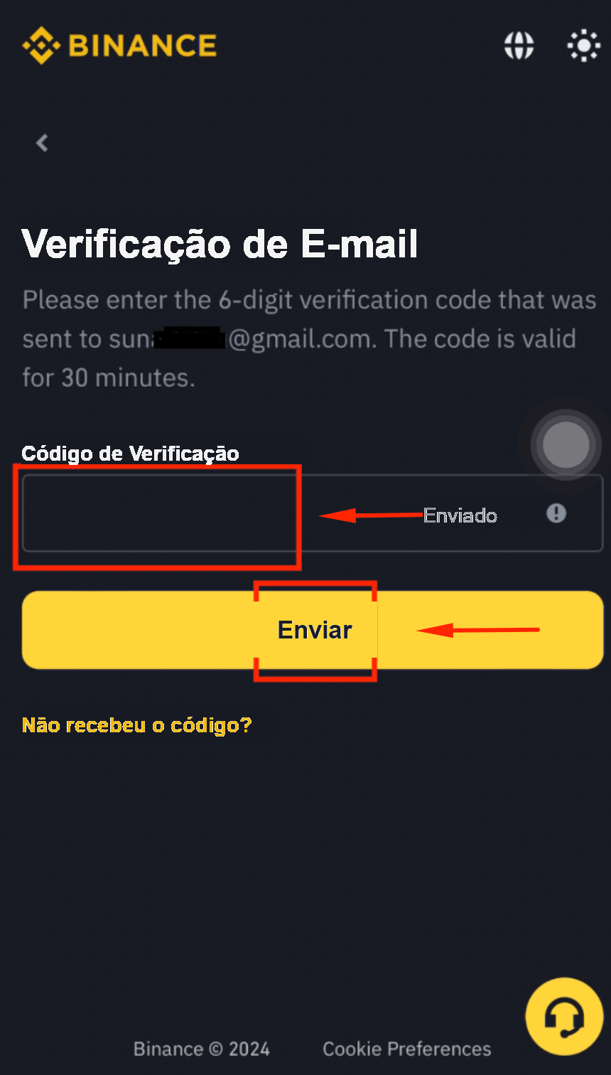 Captura de tela do registro na Binance, Passo 3: inserir seu endereço de e-mail para o cadastro na Binance