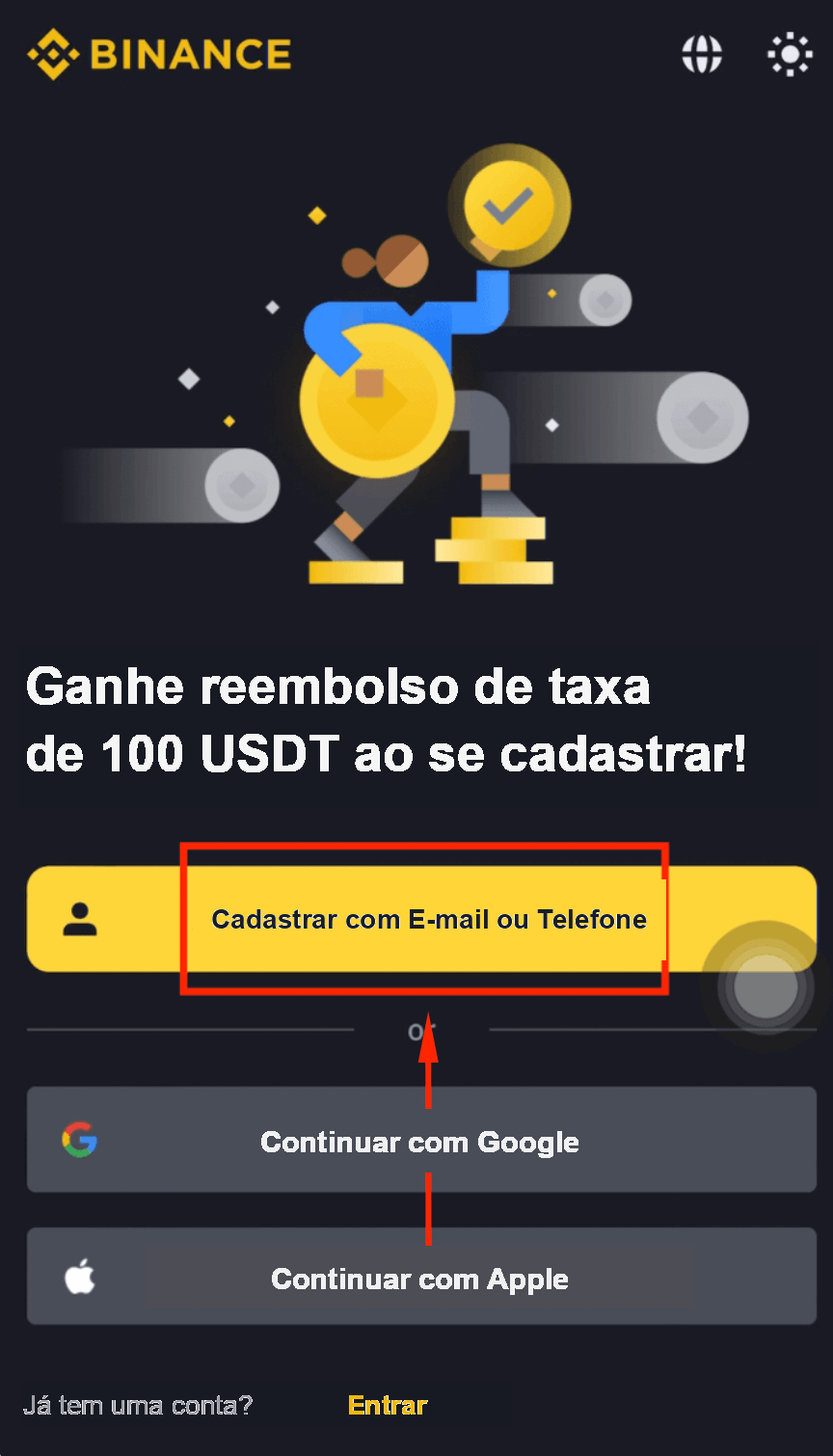 Captura de tela do registro na Binance, Passo 1: abrir a página de cadastro da Binance pelo link de indicação da CoinTech2u