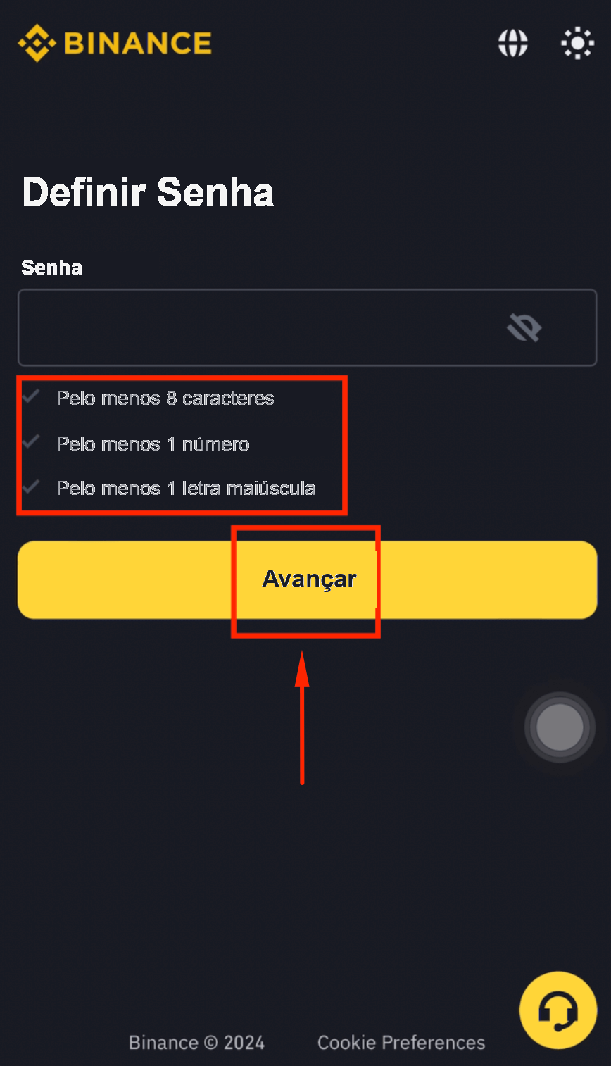 Captura de tela do registro na Binance, Passo 4: inserir o código de verificação de e-mail na Binance