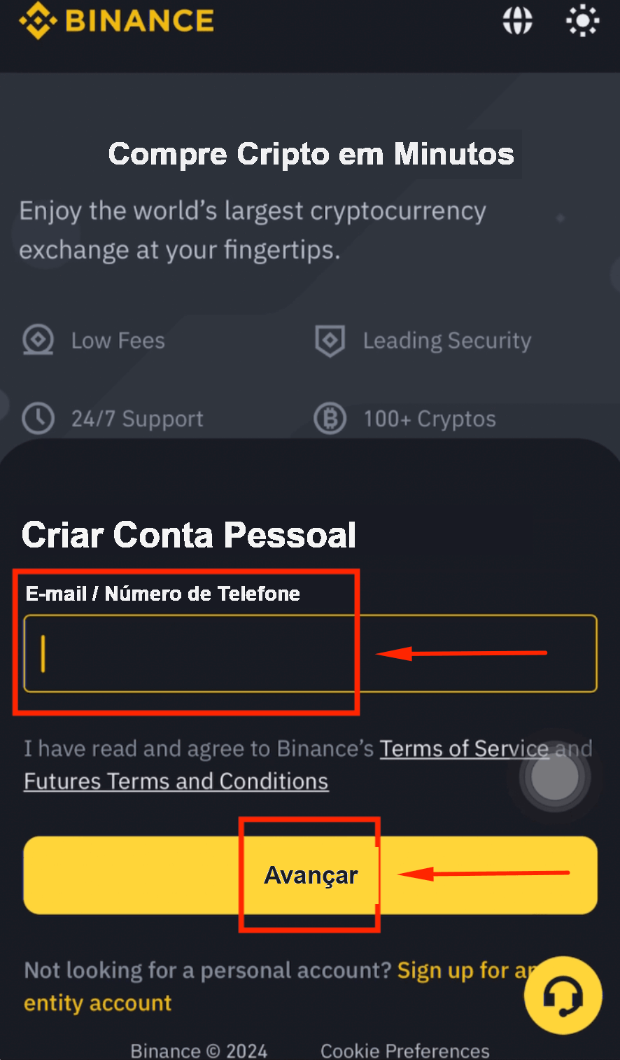 Captura de tela do registro na Binance, Passo 2: escolher cadastrar com e-mail ou telefone
