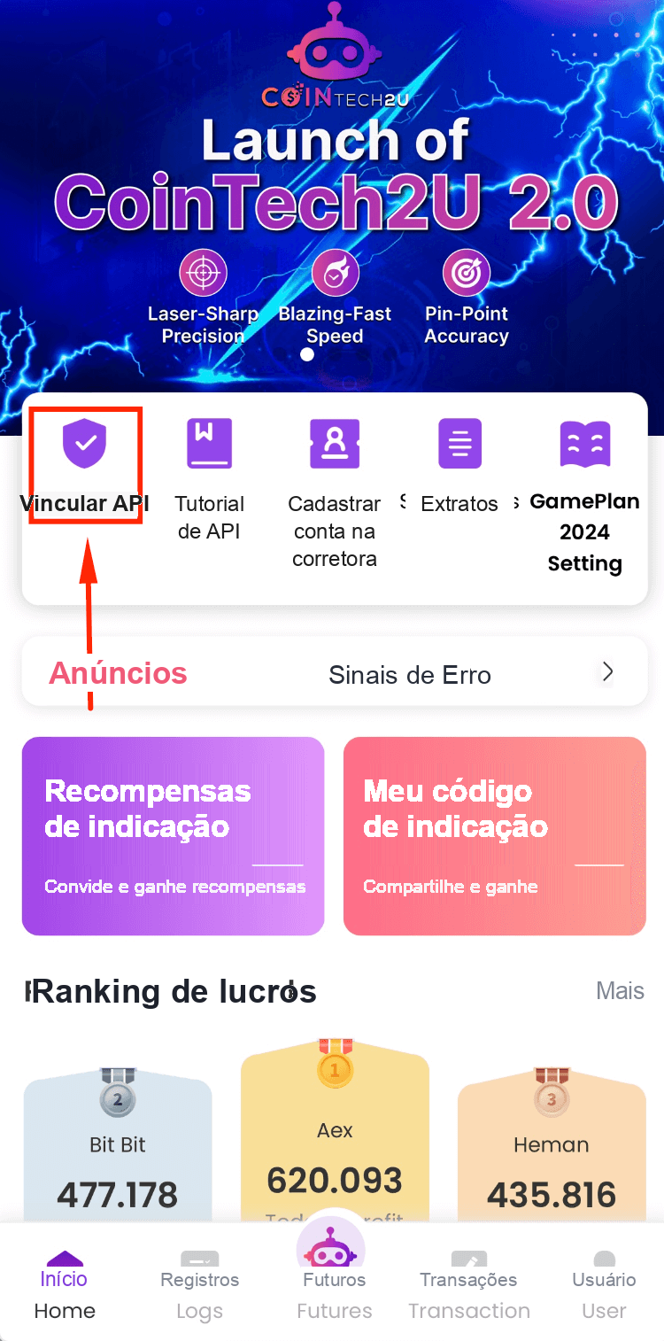 Botão Vincular API na página inicial do CoinTech2u