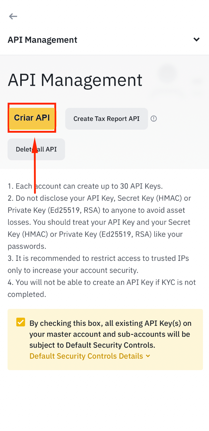 Criar nova chave de API da Binance