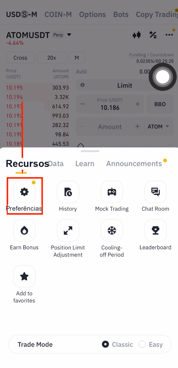 Preferências de futuros da Binance