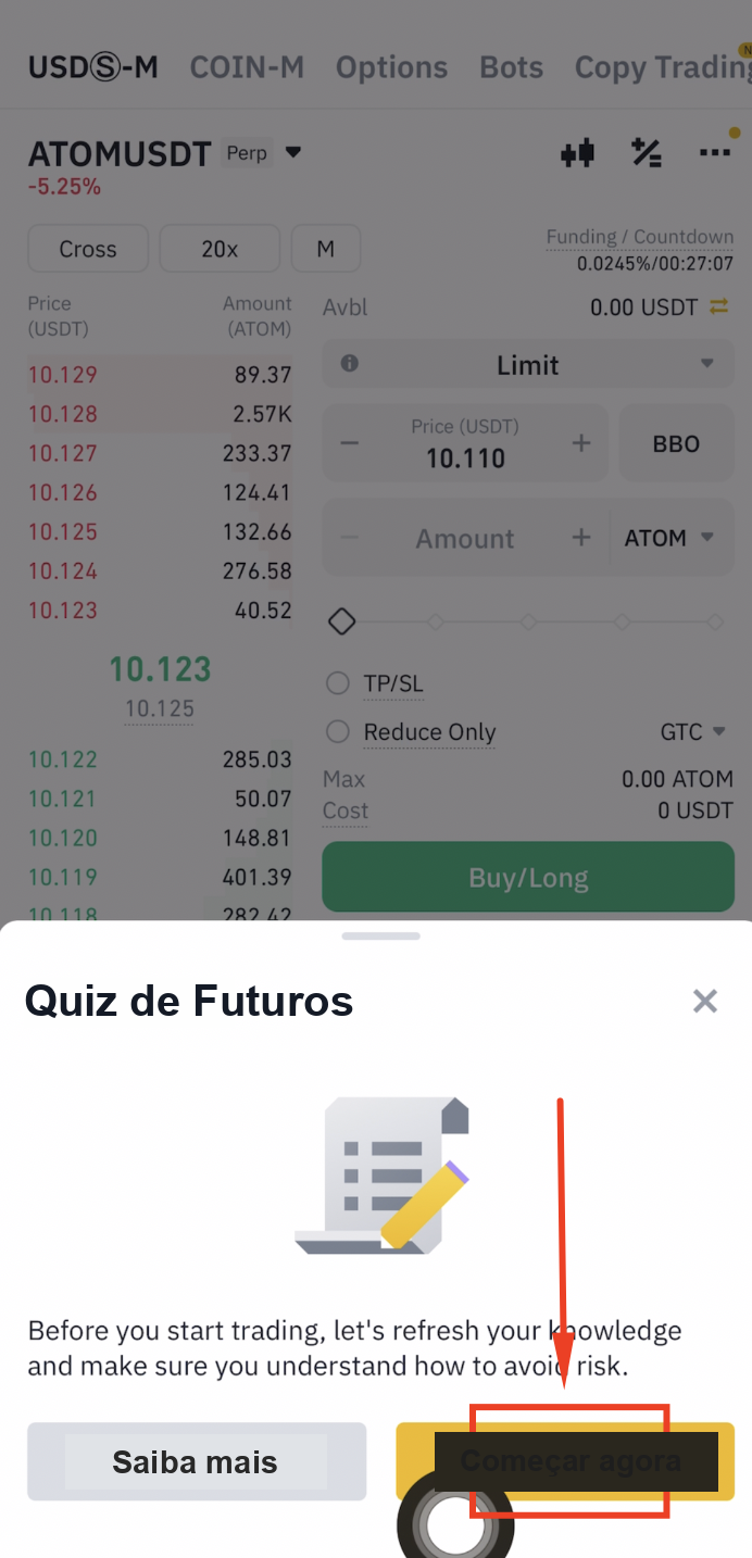 Começar agora o quiz de futuros da Binance