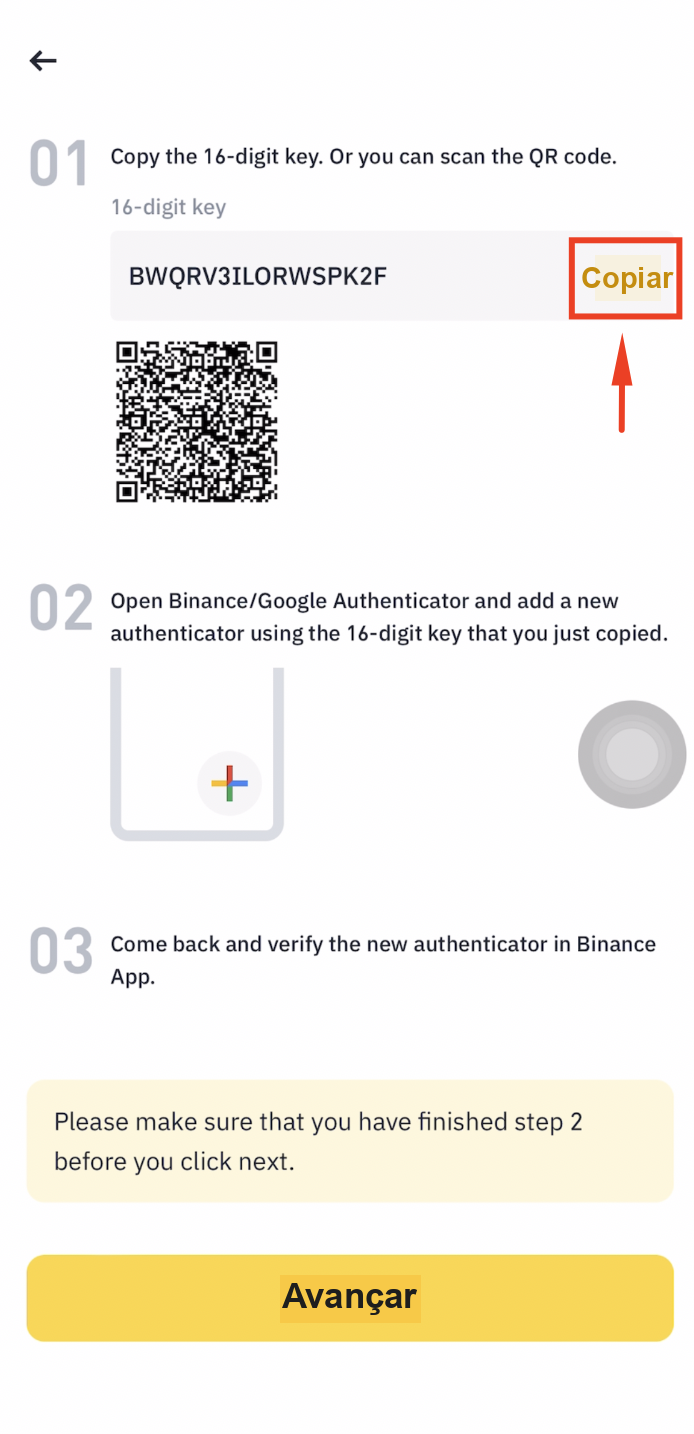 Copiar a chave de configuração do autenticador da Binance