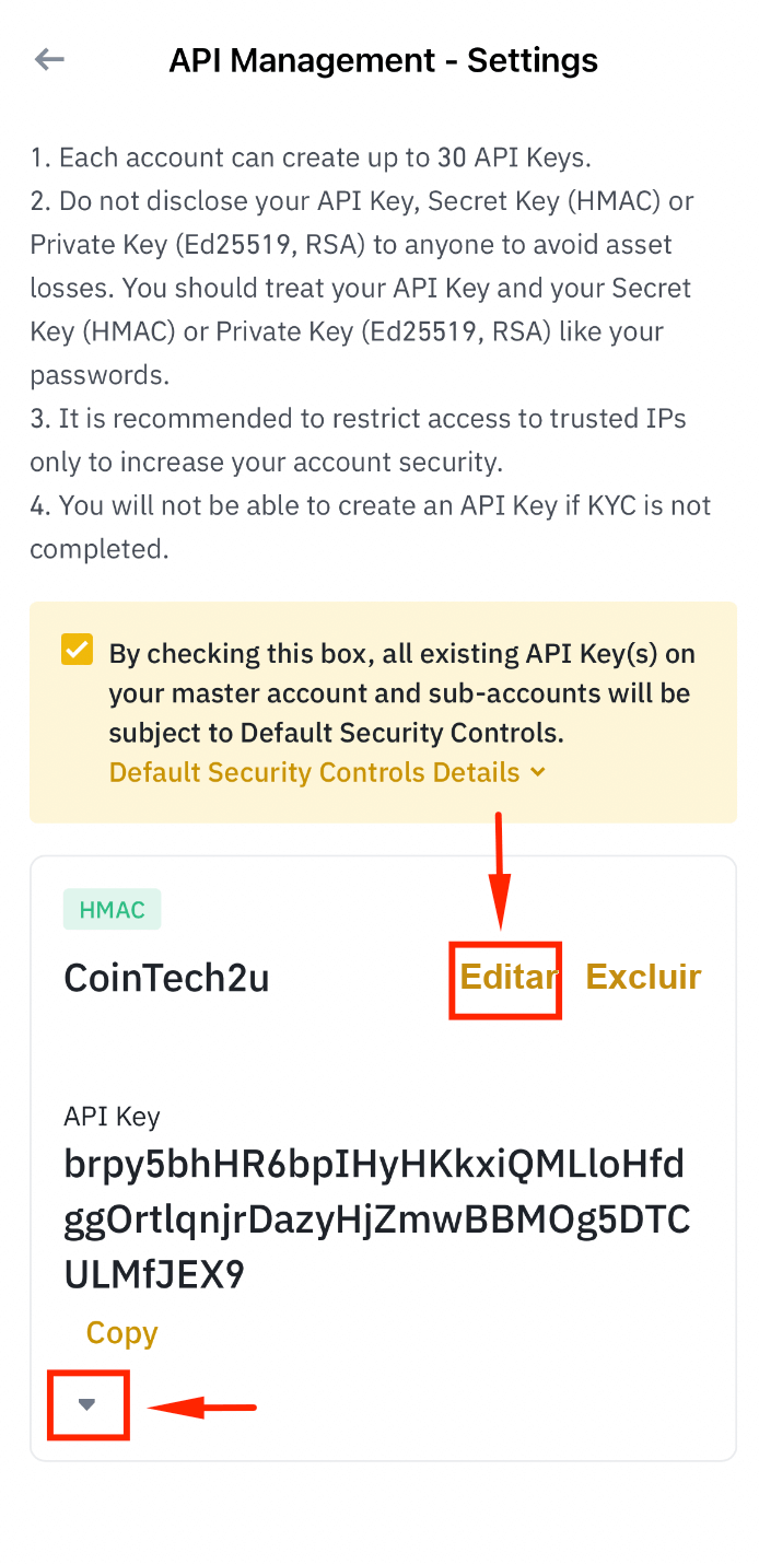 Editar as configurações da chave de API da Binance