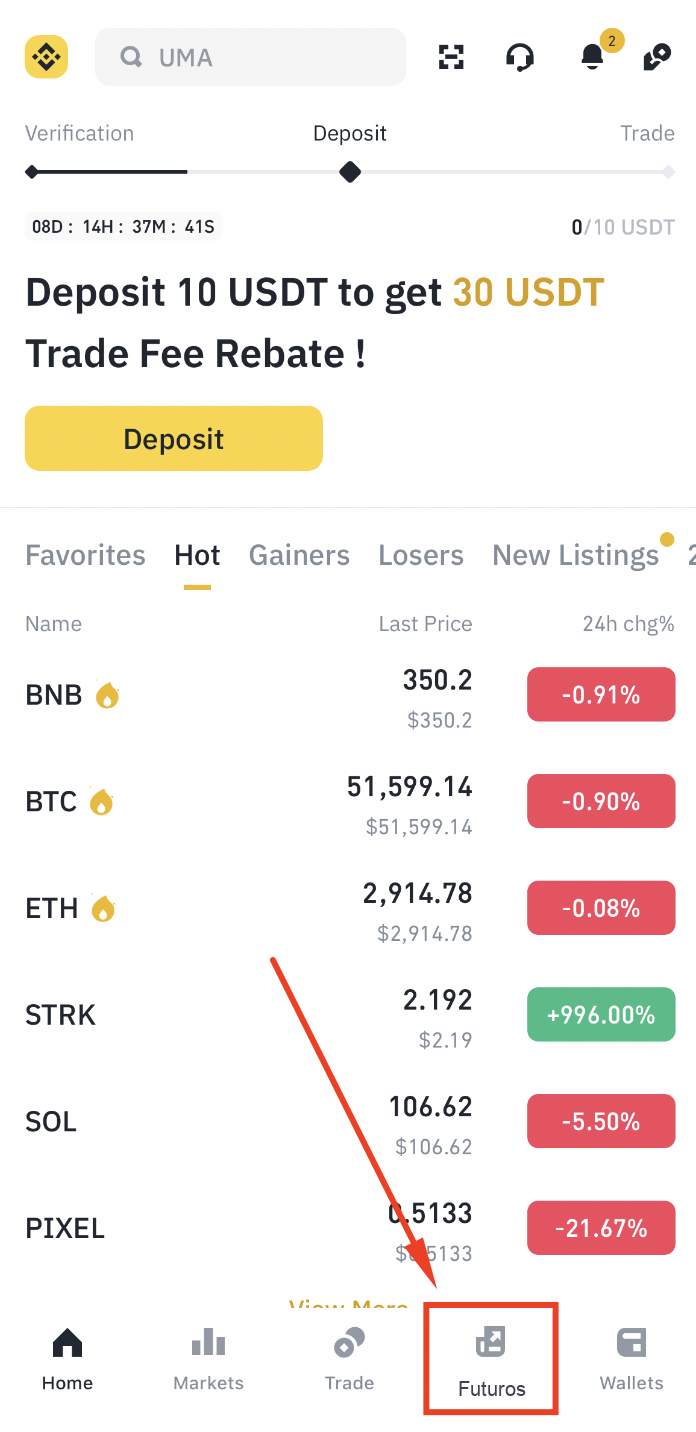 Aba de futuros da Binance