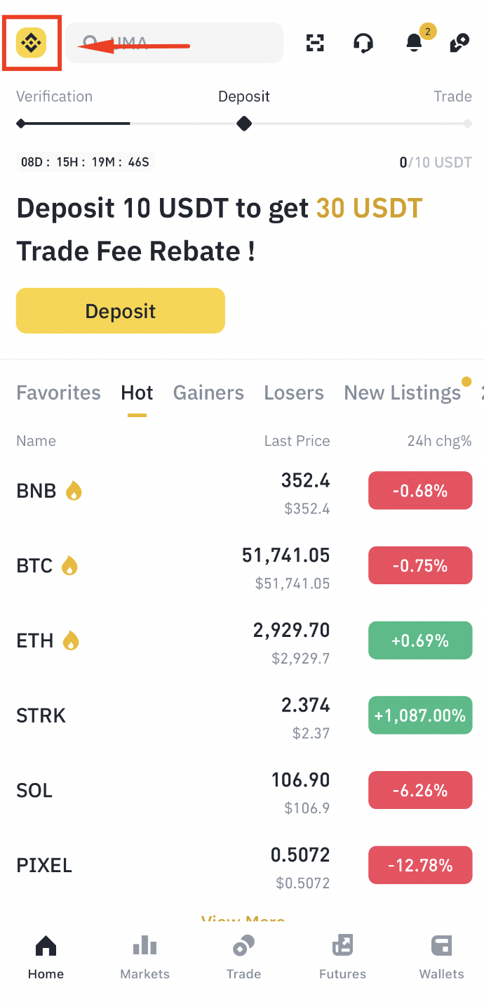 Ícone de perfil na página inicial do Aplicativo Binance