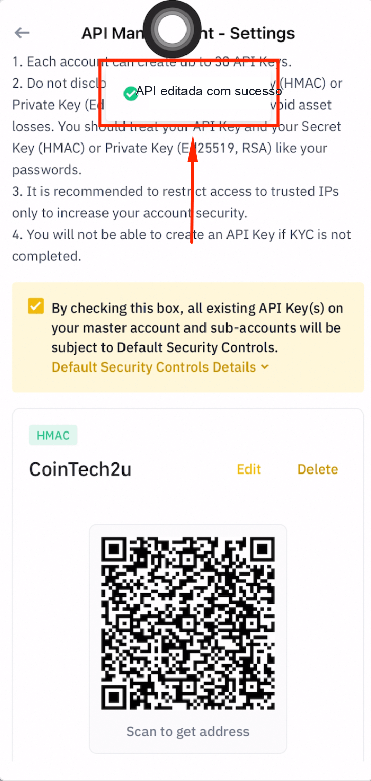 Salvar as configurações da chave de API da Binance