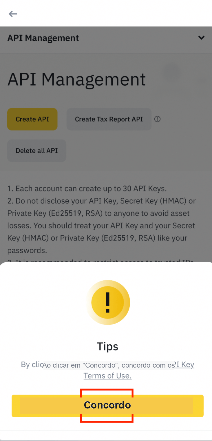 Concordar com os termos da API da Binance
