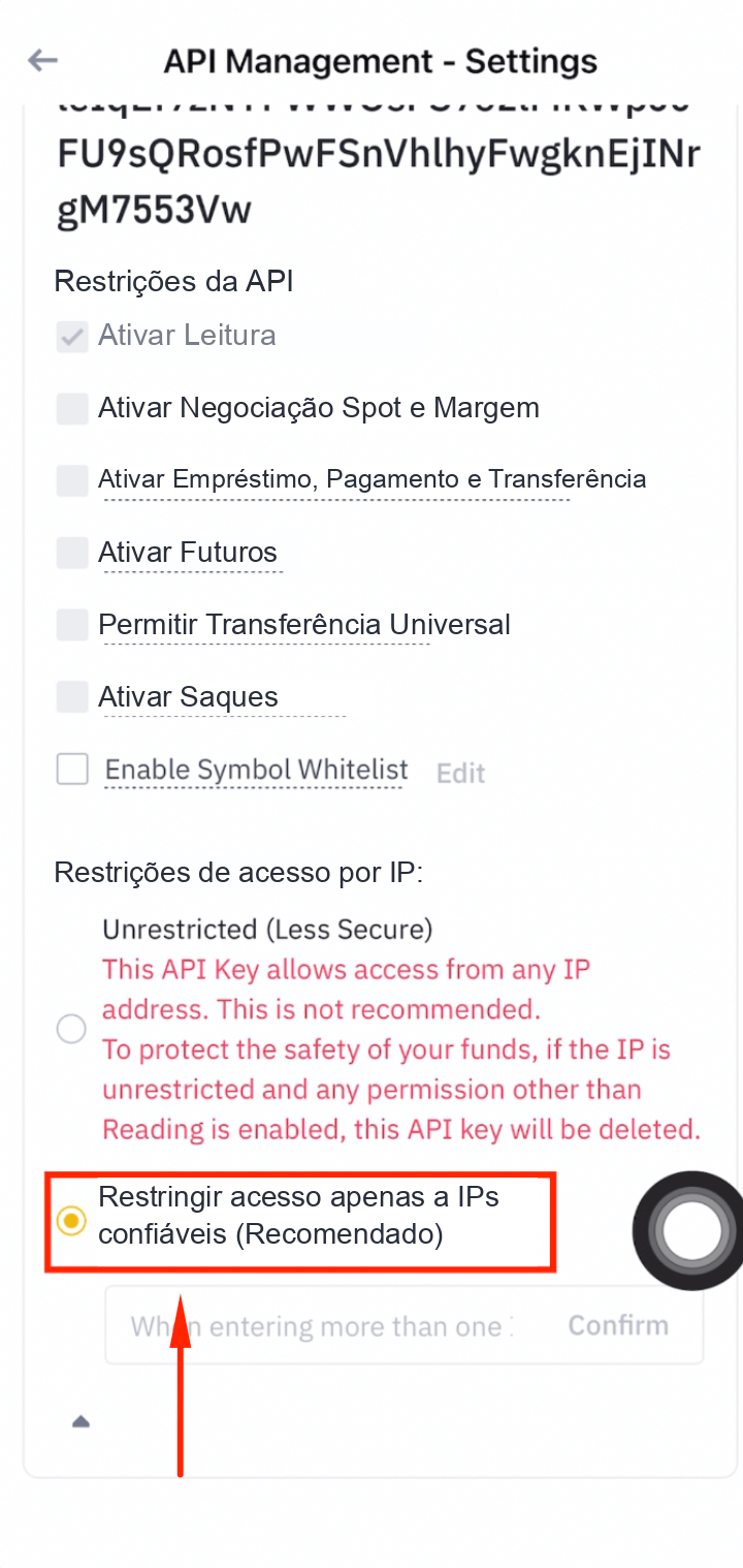 Restringir a API da Binance a IPs confiáveis