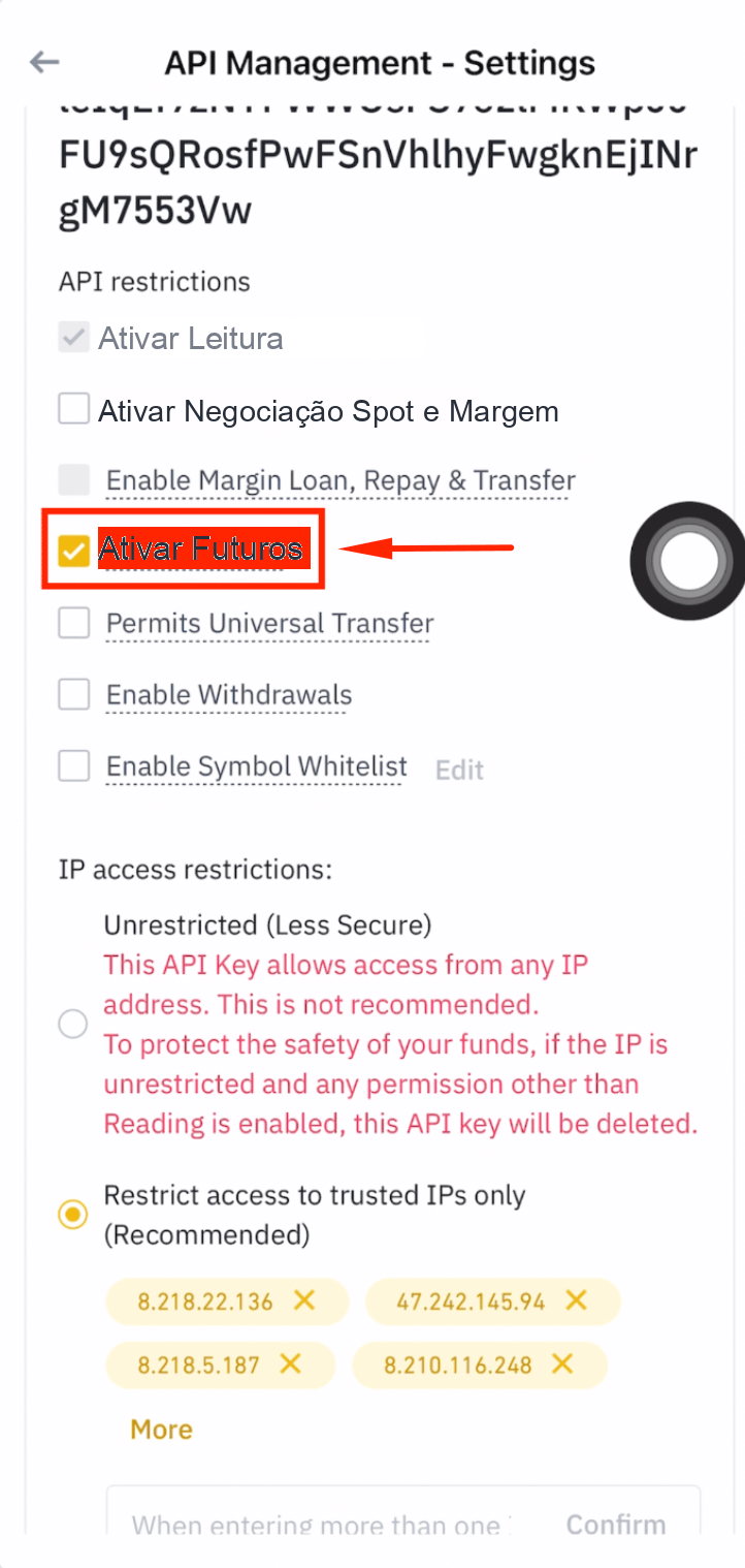 Ativar a permissão de futuros na API da Binance