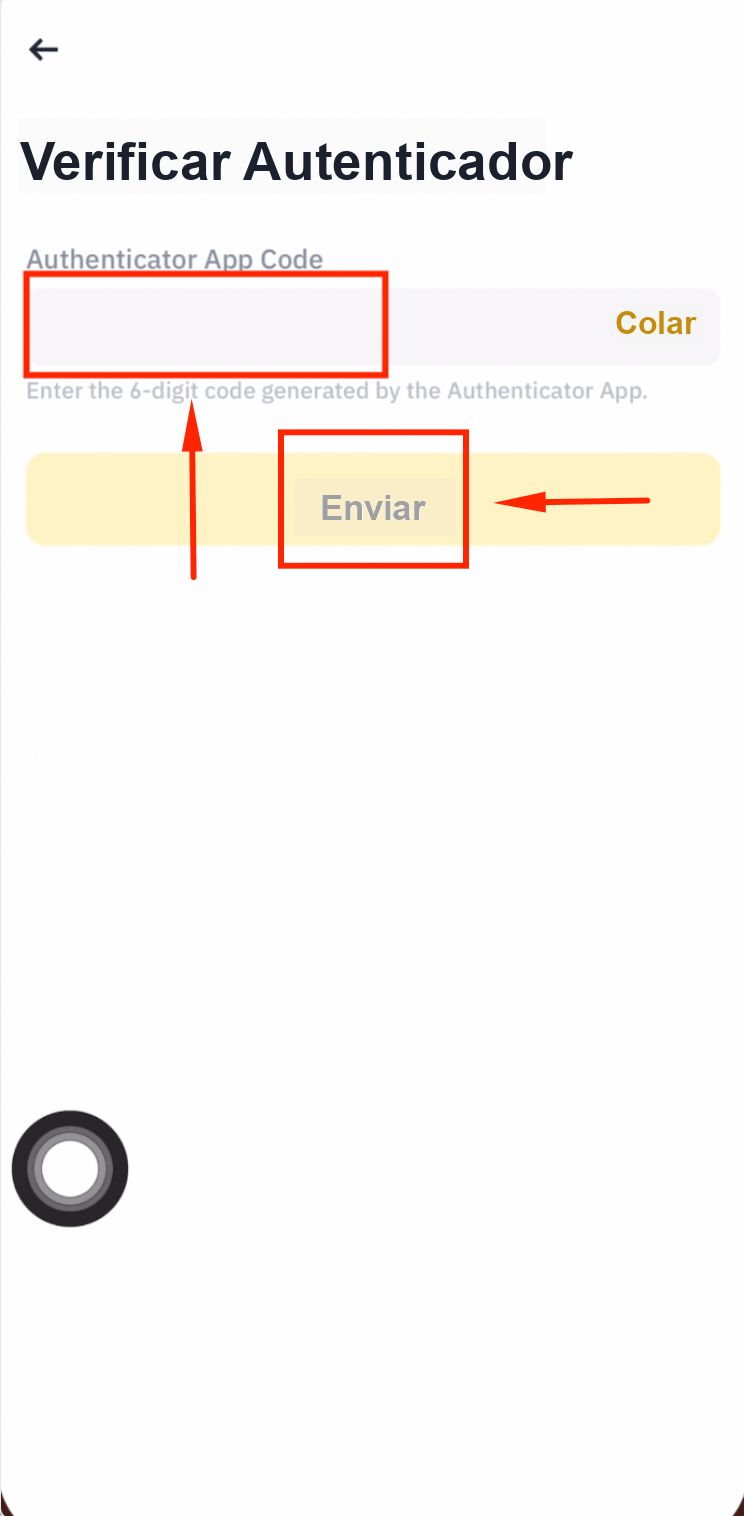 Enviar código do autenticador na Binance