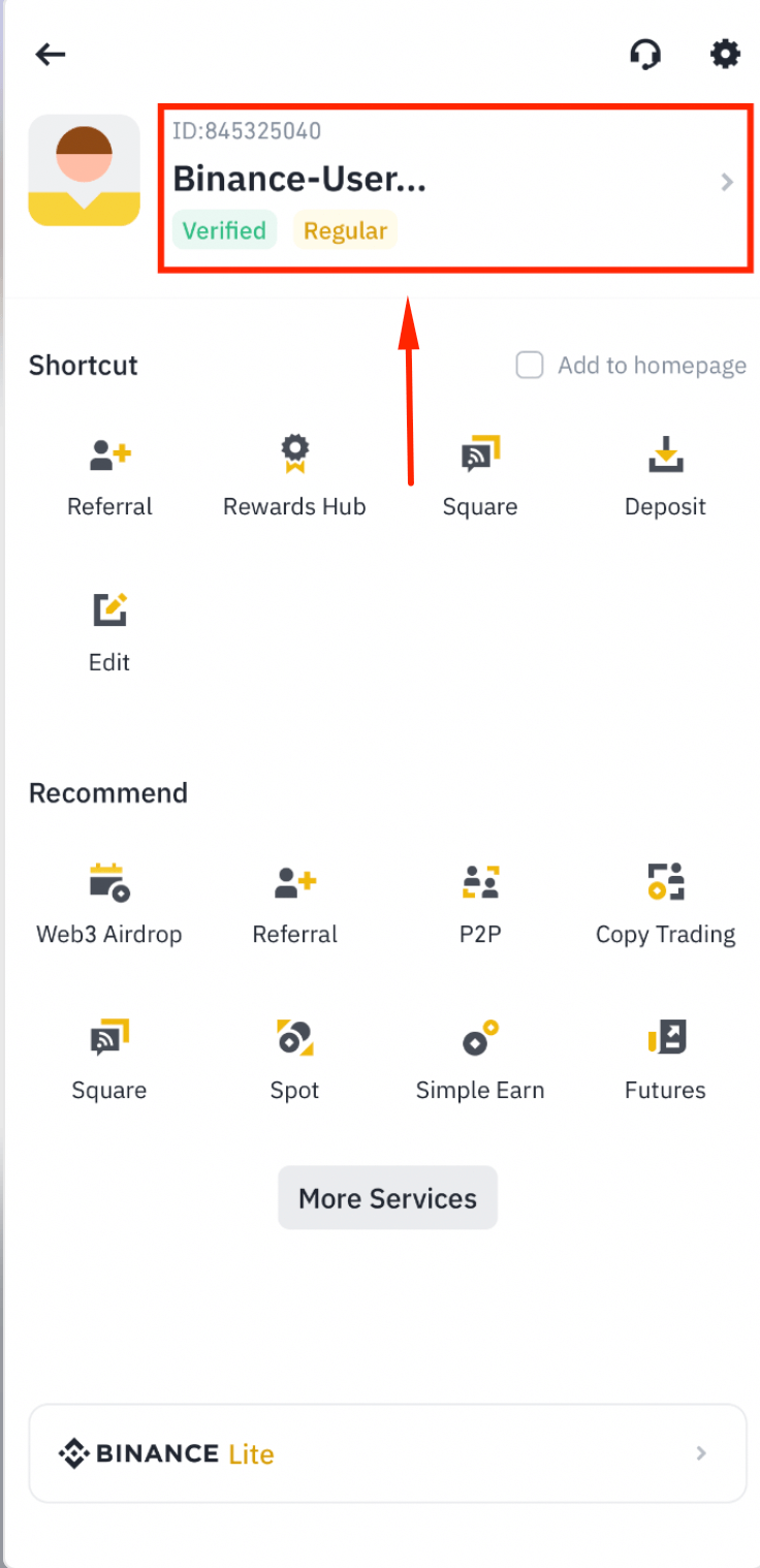 Seção de ID de conta da Binance