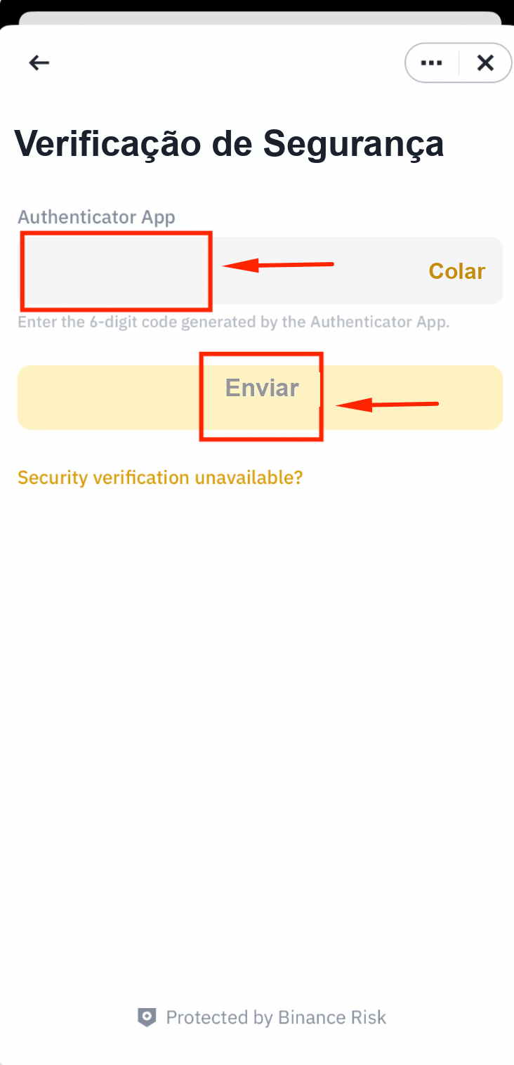 Inserir código do autenticador para a criação da API