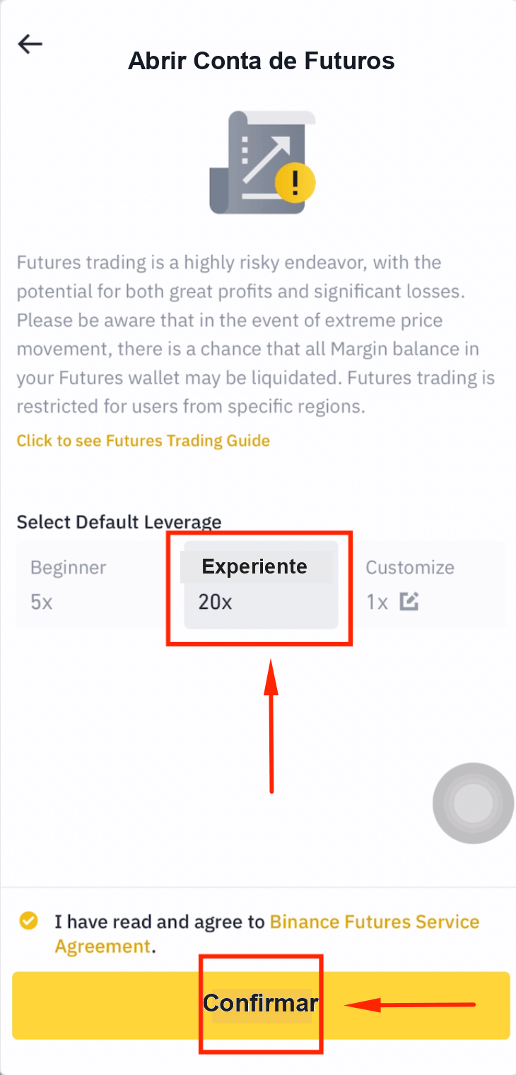 Selecionar alavancagem 20x nos futuros da Binance