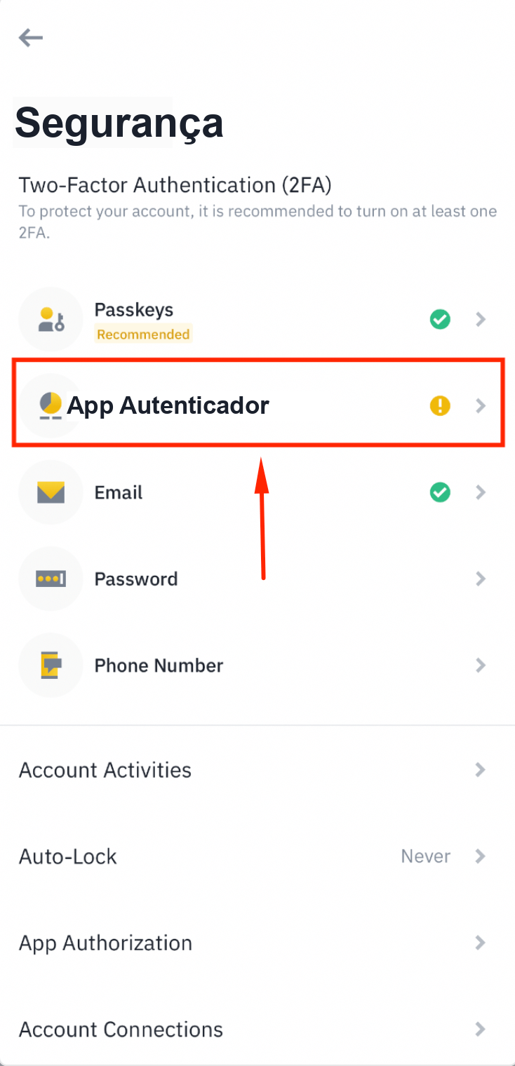 Opção de aplicativo autenticador da Binance