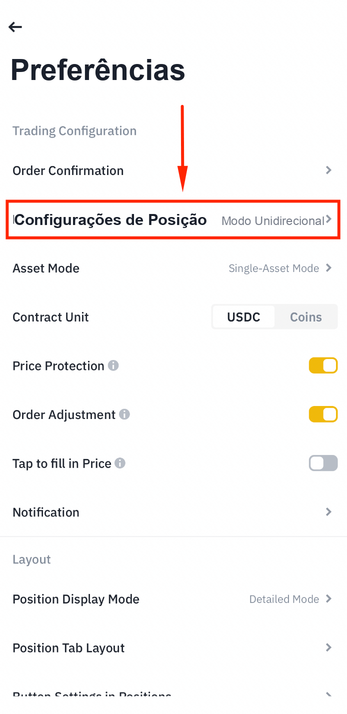 Configurações de posição da Binance