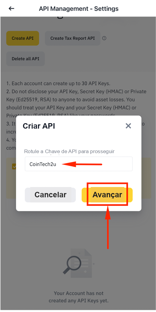 Nomear a chave de API como CoinTech2u