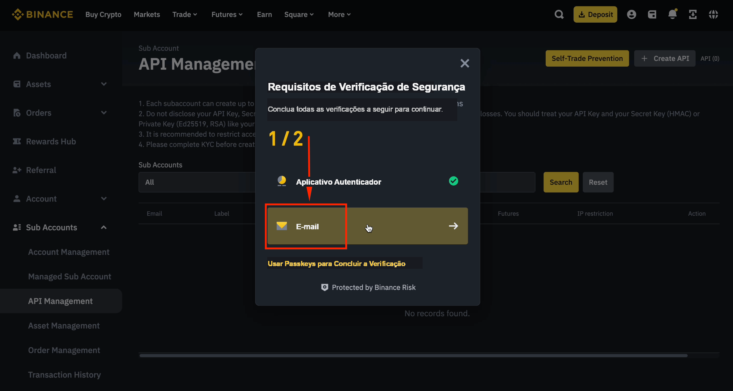 Verificação por e-mail para a API da subconta