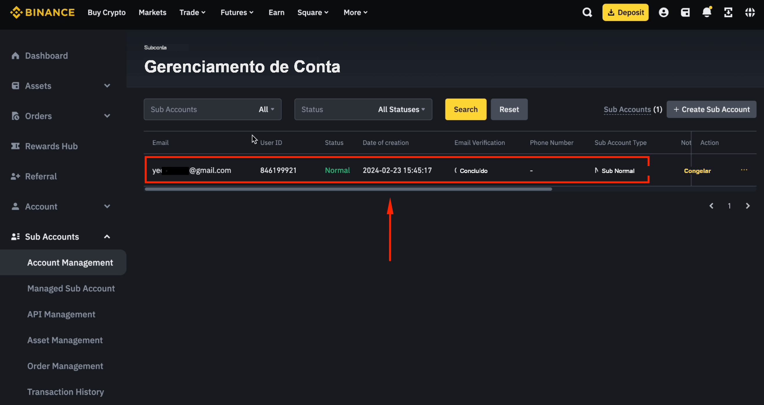 Subconta Binance criada com sucesso