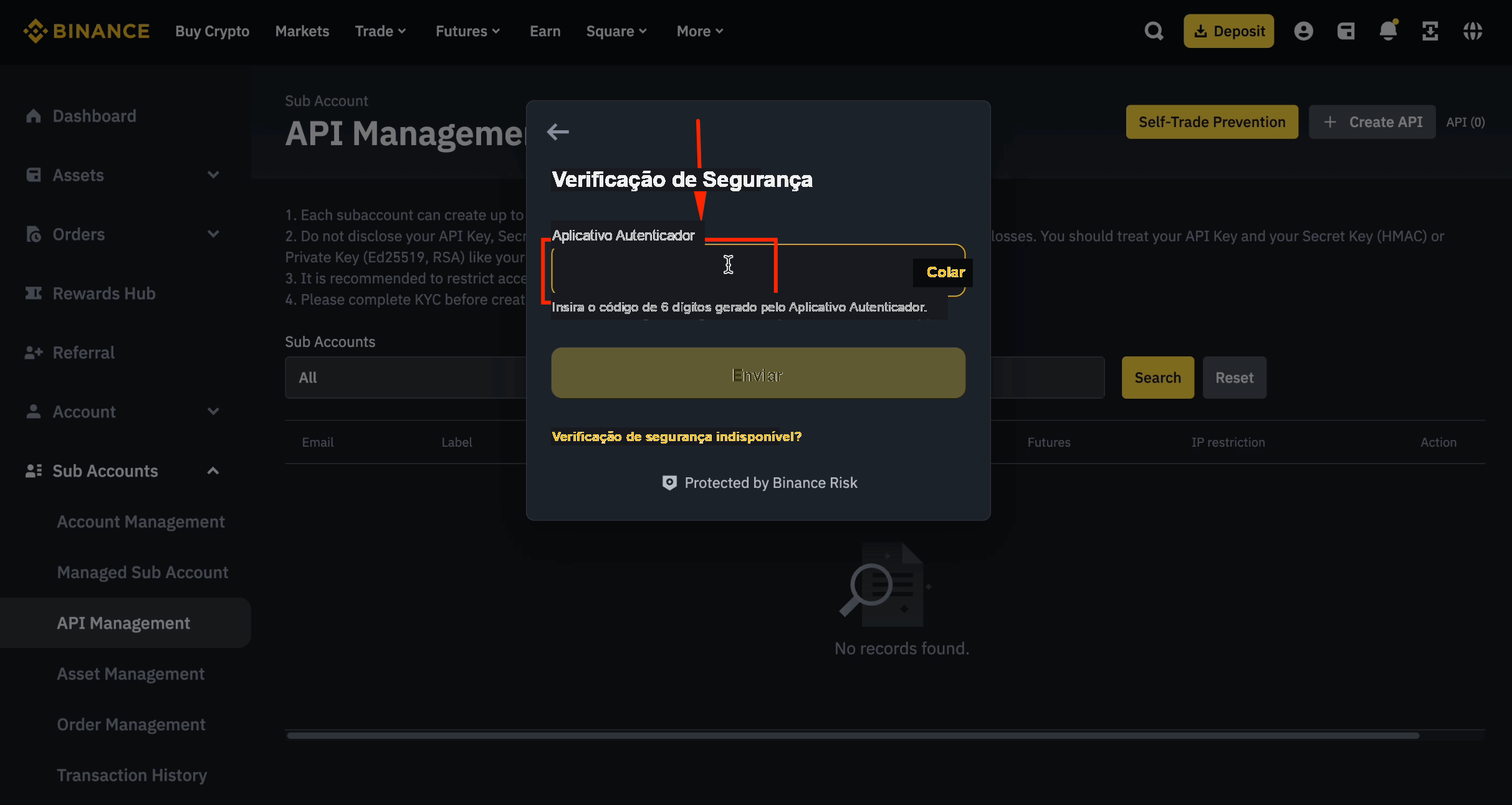 Digitar o código do authenticator para a API da subconta