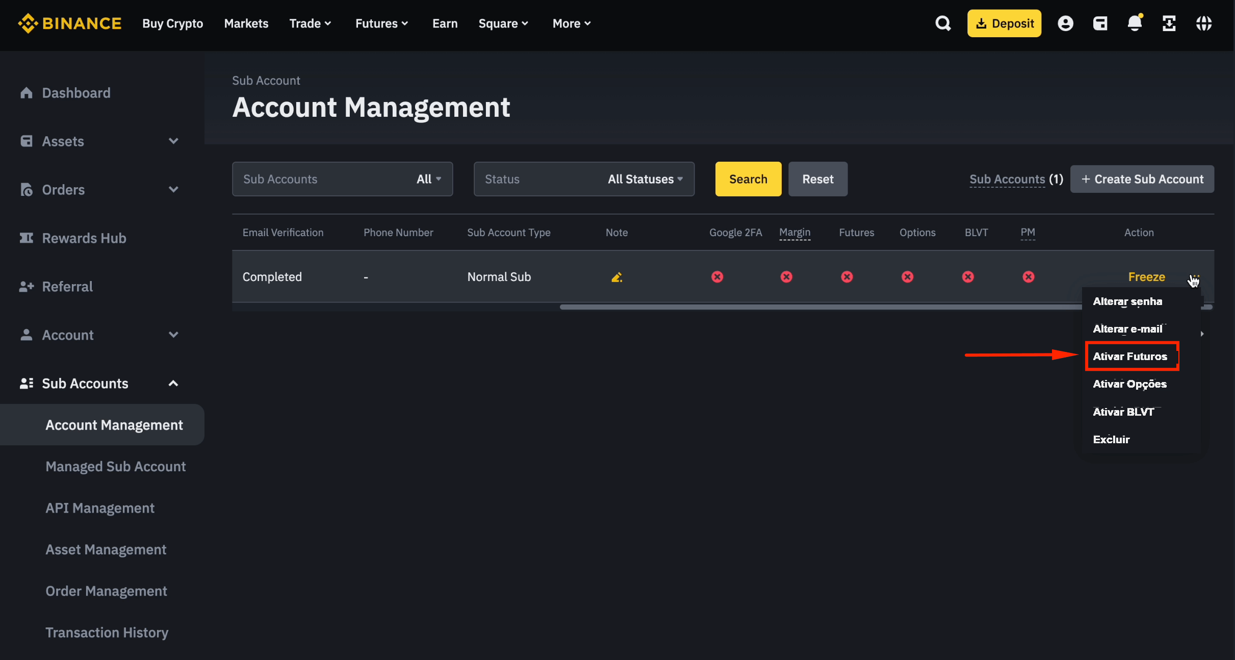 Habilitar futuros para a subconta Binance