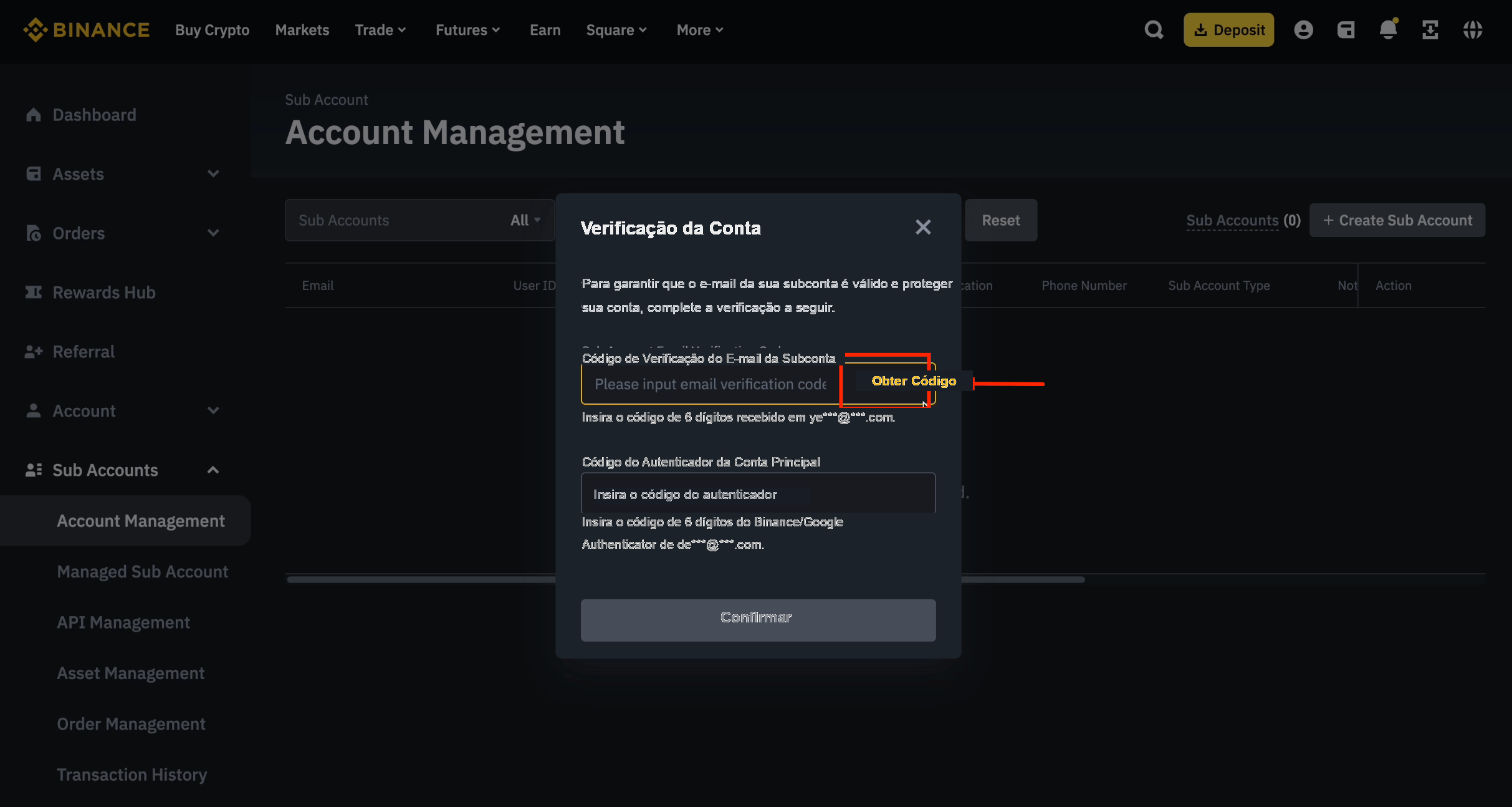 Verificar o novo e-mail da subconta Binance