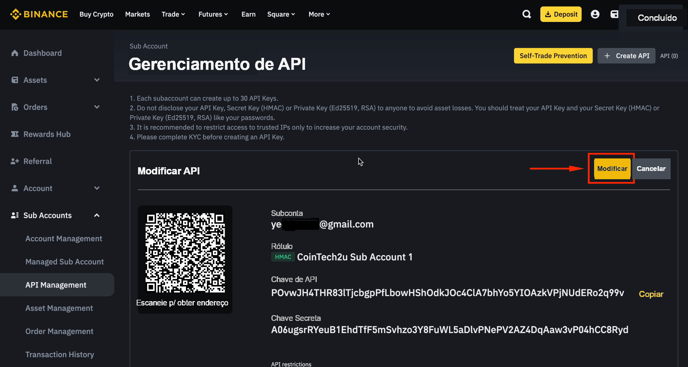 Modificar as configurações da API da subconta