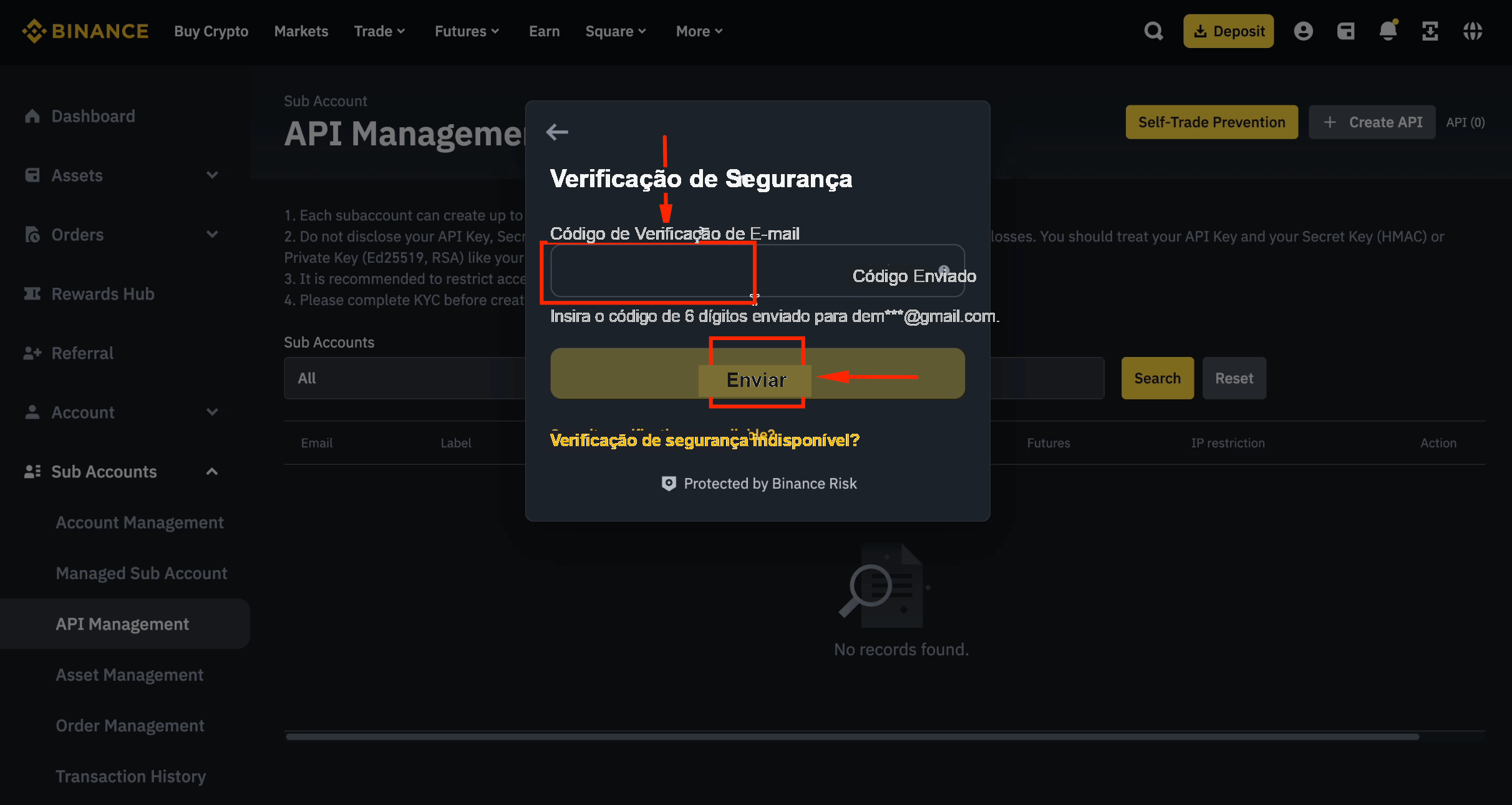 Enviar o código do e-mail para a API da subconta