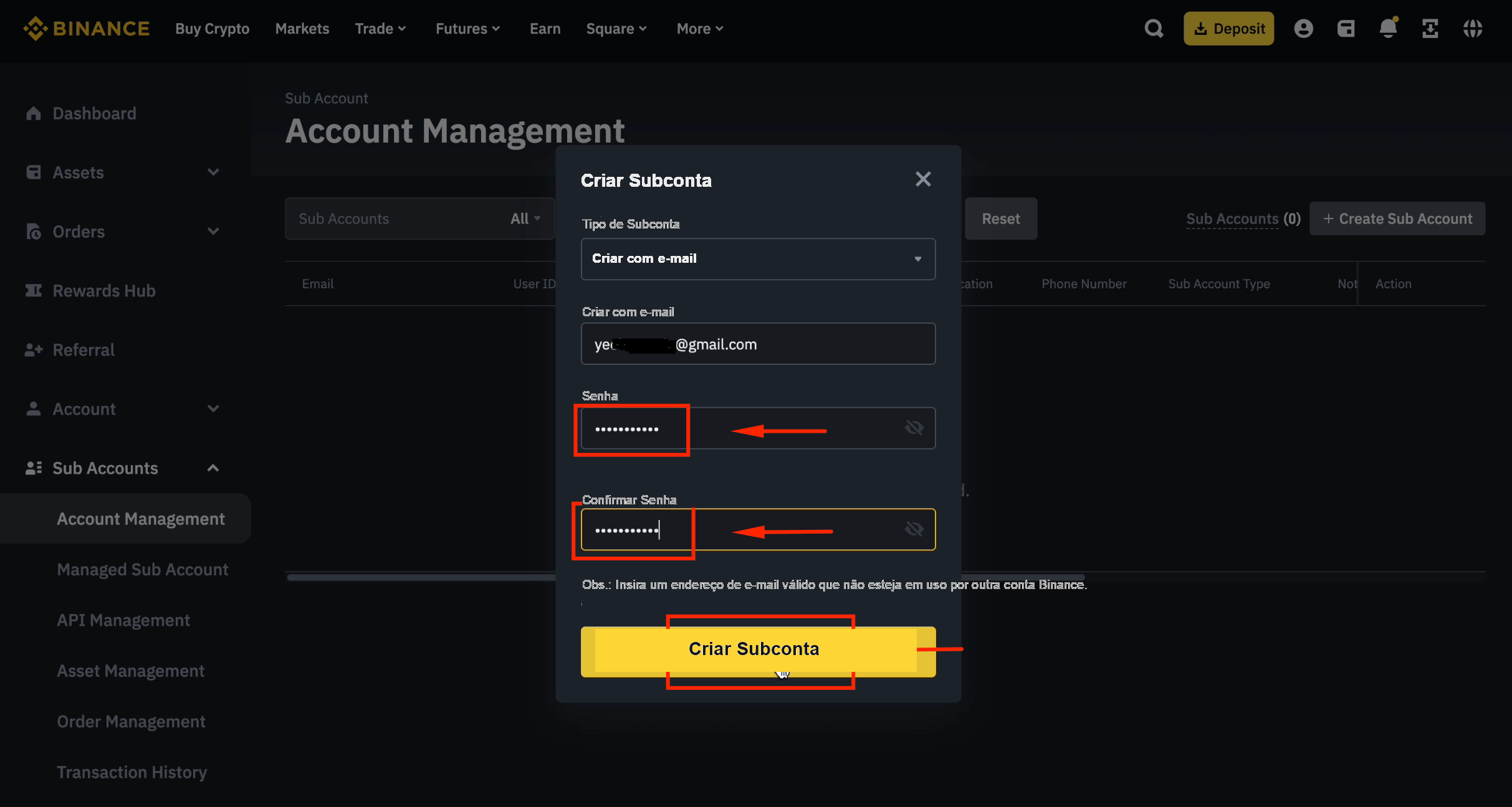 Definir senha para a subconta Binance