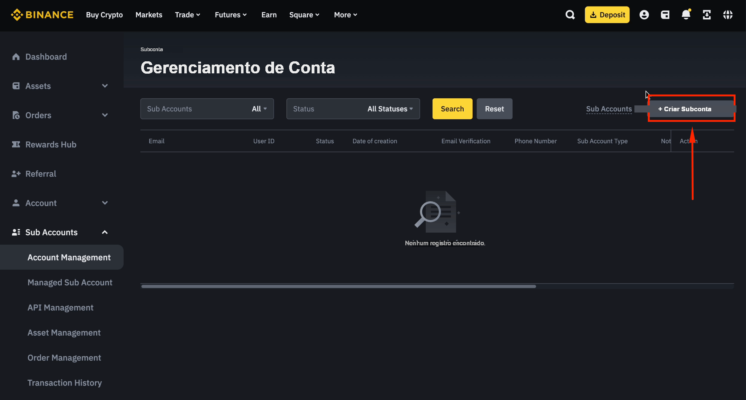 Botão criar subconta na Binance