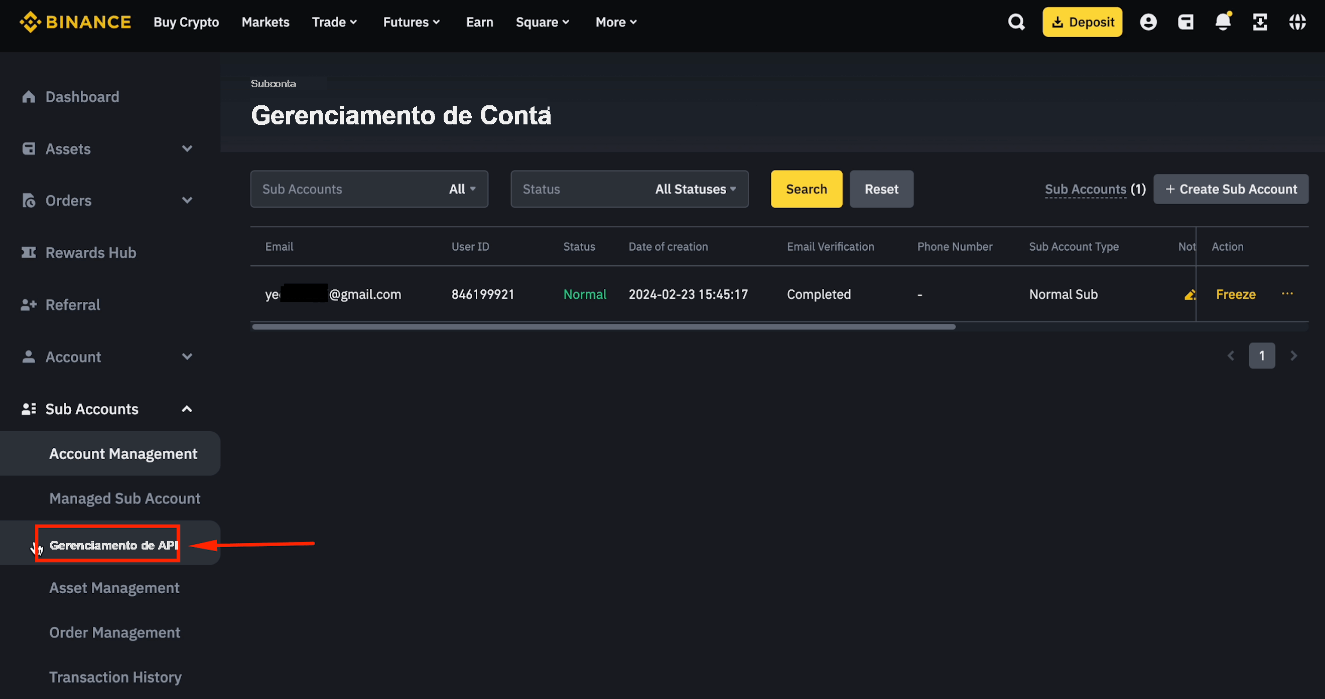 Gerenciamento de API da subconta